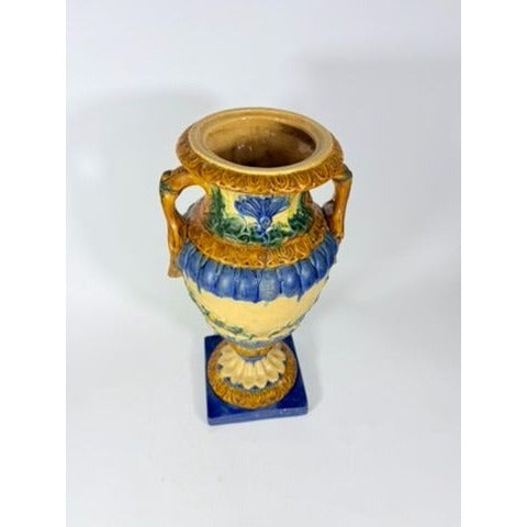 Ialian Urn Vase Majolica Large Blue Gold Green Italy Centerpiece Planter Home Foyer Dining Room Decor Traditional Decorative Accents