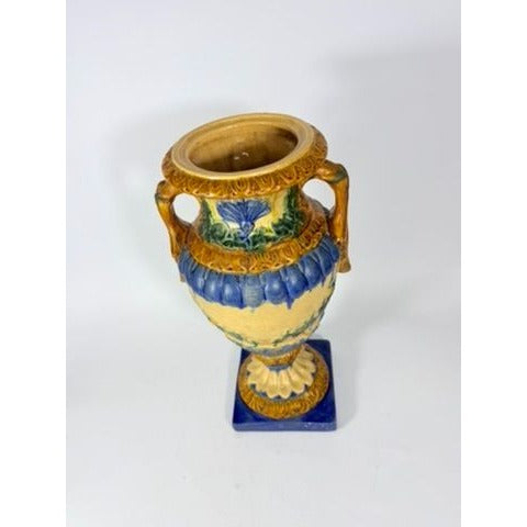 Ialian Urn Vase Majolica Large Blue Gold Green Italy Centerpiece Planter Home Foyer Dining Room Decor Traditional Decorative Accents