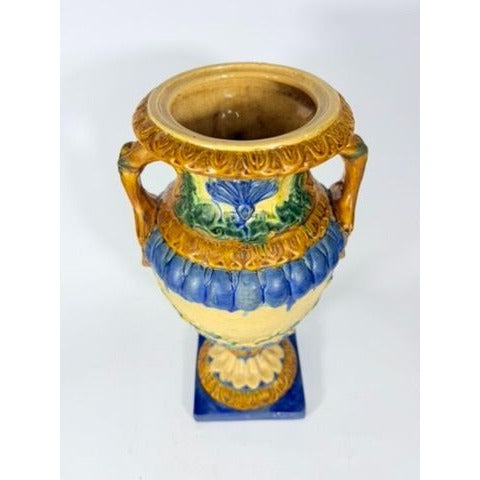 Ialian Urn Vase Majolica Large Blue Gold Green Italy Centerpiece Planter Home Foyer Dining Room Decor Traditional Decorative Accents