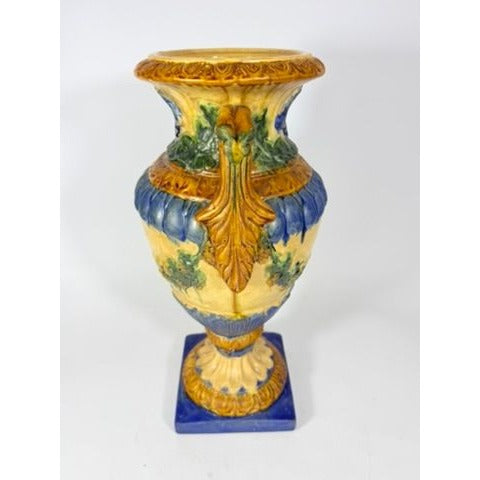 Ialian Urn Vase Majolica Large Blue Gold Green Italy Centerpiece Planter Home Foyer Dining Room Decor Traditional Decorative Accents