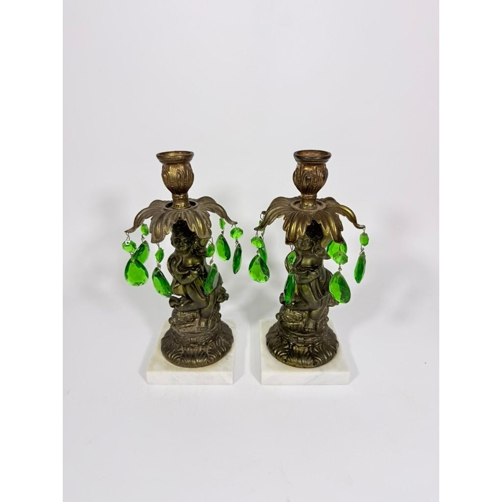 Candle Holders Bronze color Cherub Pair Set 2 Candleabra Italian Marble Bases Italy Green Prism Buffett Table Home Decor Centerpiece Rococo