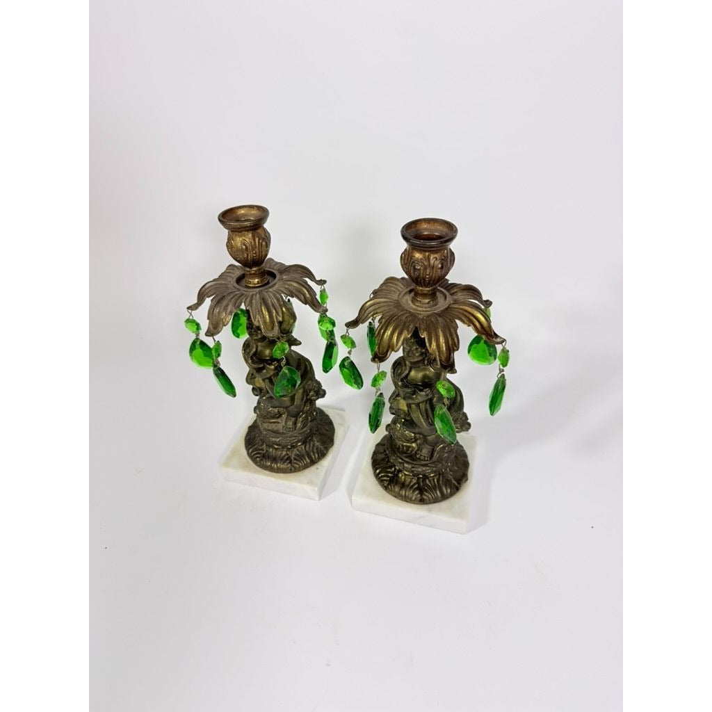 Candle Holders Bronze color Cherub Pair Set 2 Candleabra Italian Marble Bases Italy Green Prism Buffett Table Home Decor Centerpiece Rococo