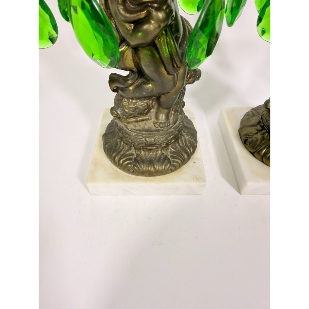 Candle Holders Bronze color Cherub Pair Set 2 Candleabra Italian Marble Bases Italy Green Prism Buffett Table Home Decor Centerpiece Rococo
