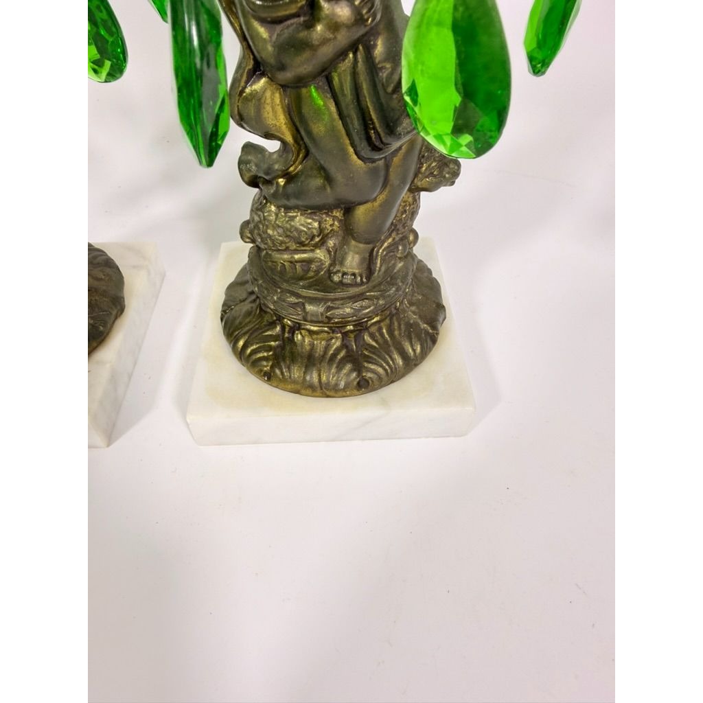 Candle Holders Bronze color Cherub Pair Set 2 Candleabra Italian Marble Bases Italy Green Prism Buffett Table Home Decor Centerpiece Rococo