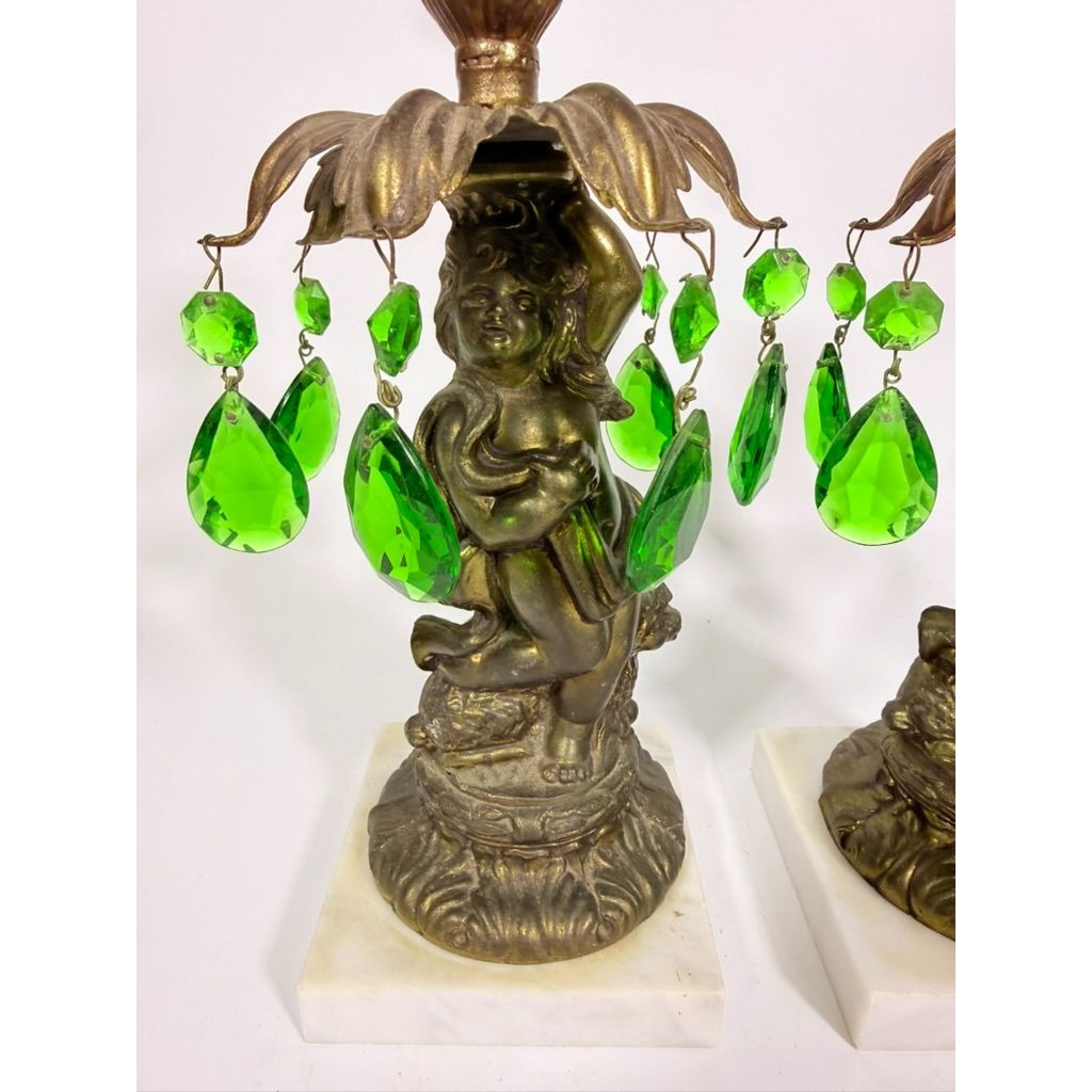 Candle Holders Bronze color Cherub Pair Set 2 Candleabra Italian Marble Bases Italy Green Prism Buffett Table Home Decor Centerpiece Rococo