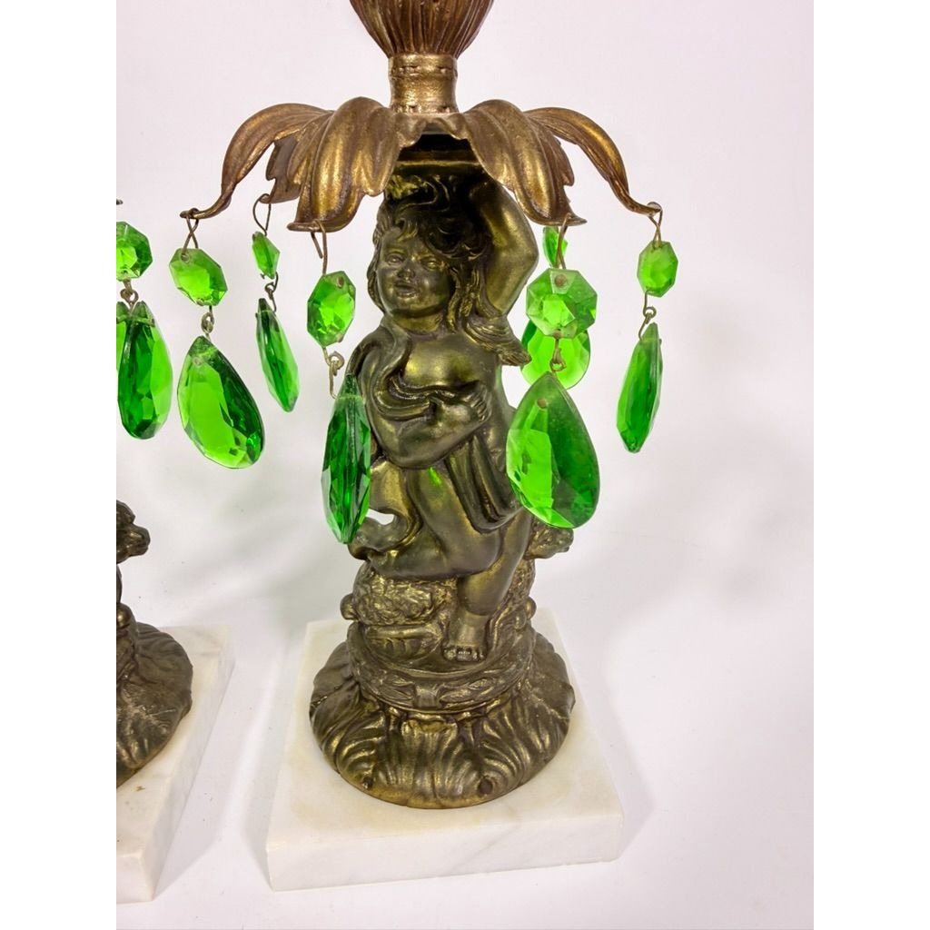 Candle Holders Bronze color Cherub Pair Set 2 Candleabra Italian Marble Bases Italy Green Prism Buffett Table Home Decor Centerpiece Rococo