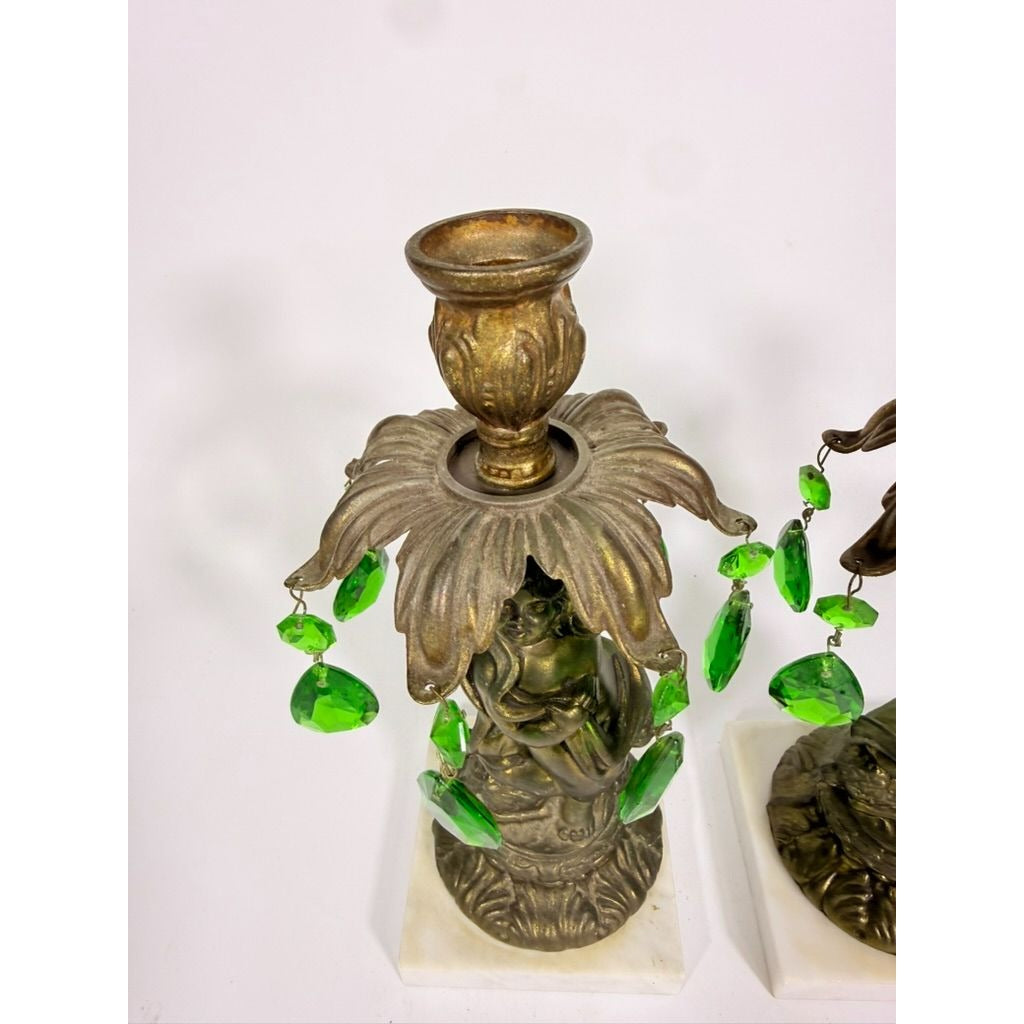 Candle Holders Bronze color Cherub Pair Set 2 Candleabra Italian Marble Bases Italy Green Prism Buffett Table Home Decor Centerpiece Rococo