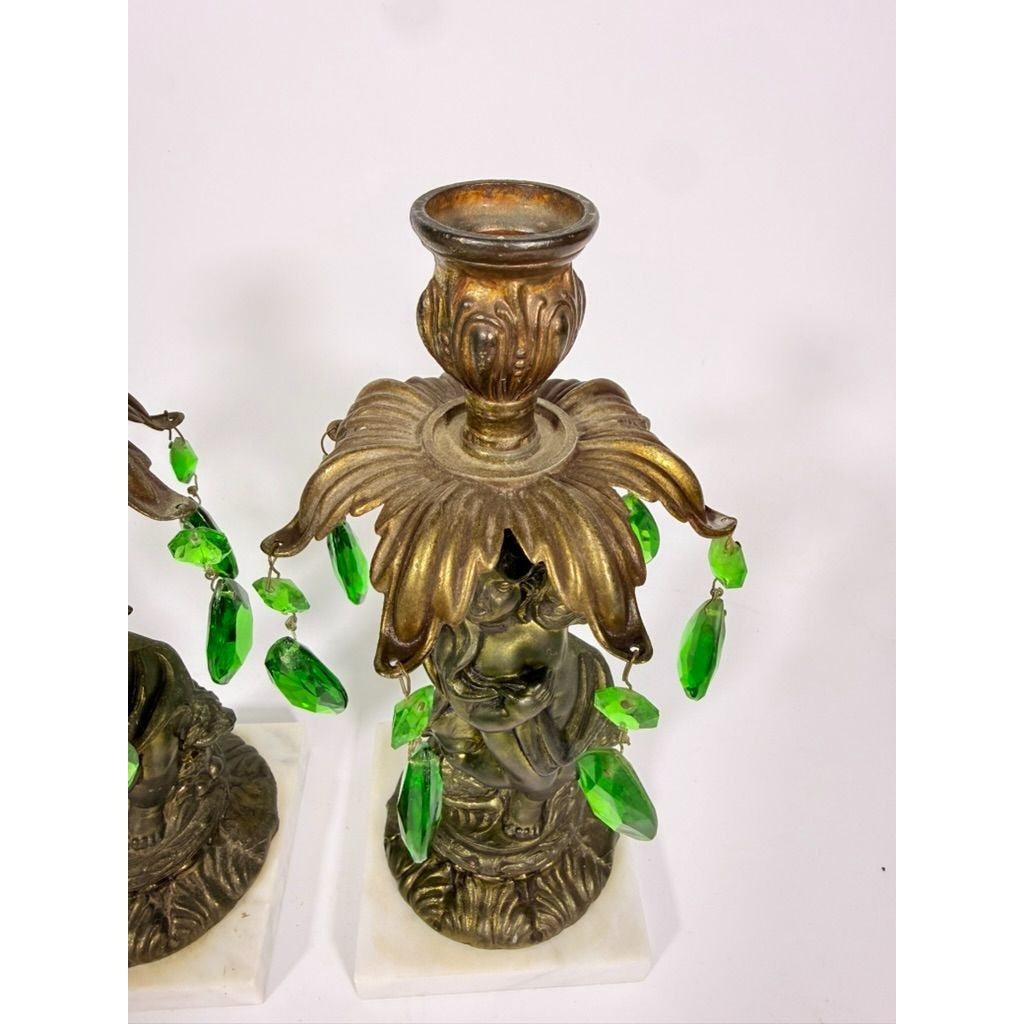 Candle Holders Bronze color Cherub Pair Set 2 Candleabra Italian Marble Bases Italy Green Prism Buffett Table Home Decor Centerpiece Rococo