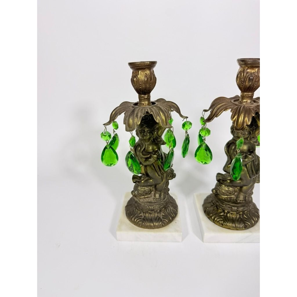 Candle Holders Bronze color Cherub Pair Set 2 Candleabra Italian Marble Bases Italy Green Prism Buffett Table Home Decor Centerpiece Rococo