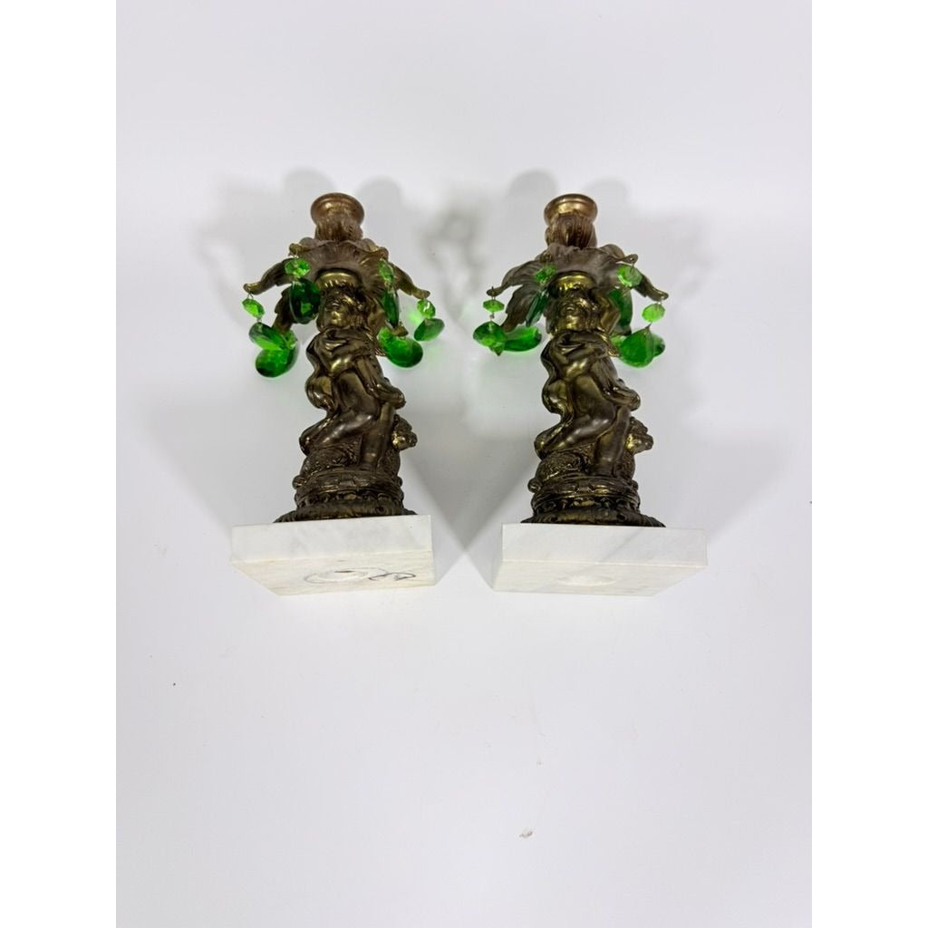 Candle Holders Bronze color Cherub Pair Set 2 Candleabra Italian Marble Bases Italy Green Prism Buffett Table Home Decor Centerpiece Rococo
