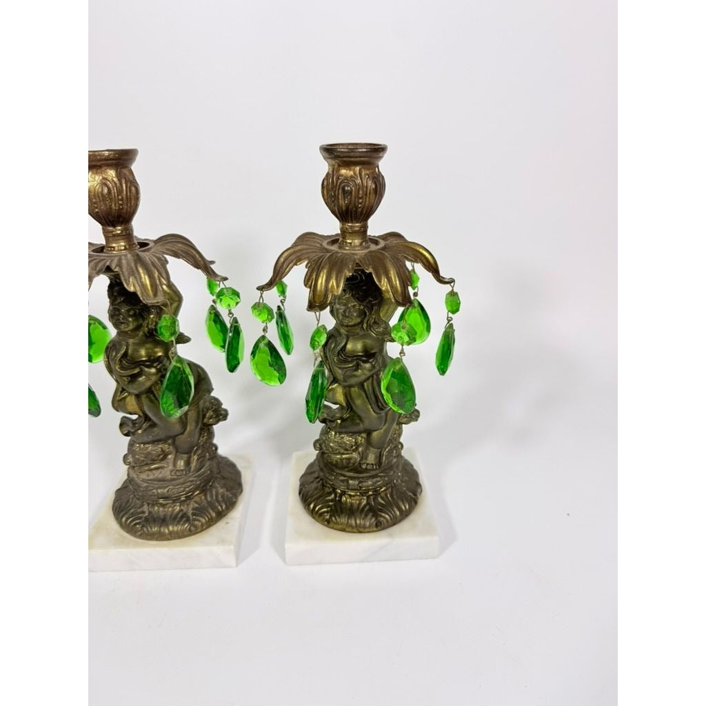 Candle Holders Bronze color Cherub Pair Set 2 Candleabra Italian Marble Bases Italy Green Prism Buffett Table Home Decor Centerpiece Rococo
