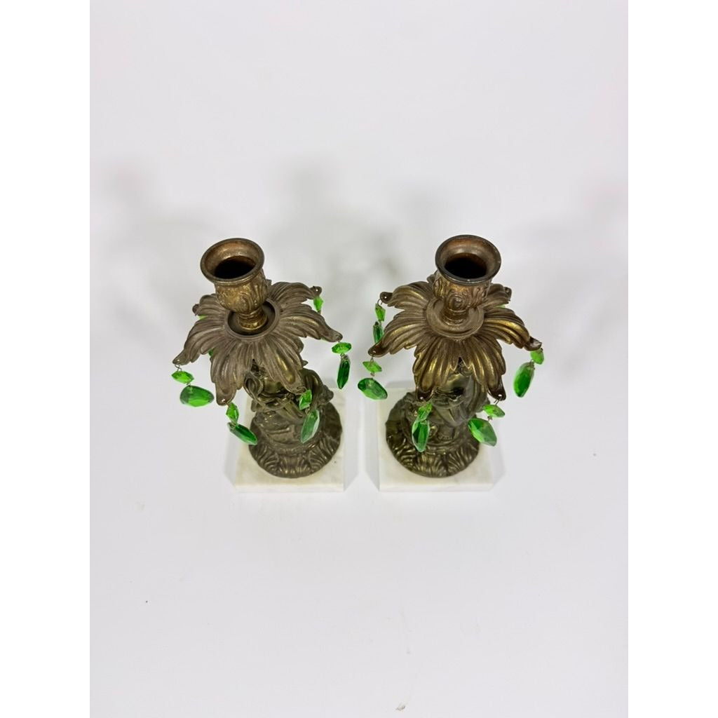 Candle Holders Bronze color Cherub Pair Set 2 Candleabra Italian Marble Bases Italy Green Prism Buffett Table Home Decor Centerpiece Rococo