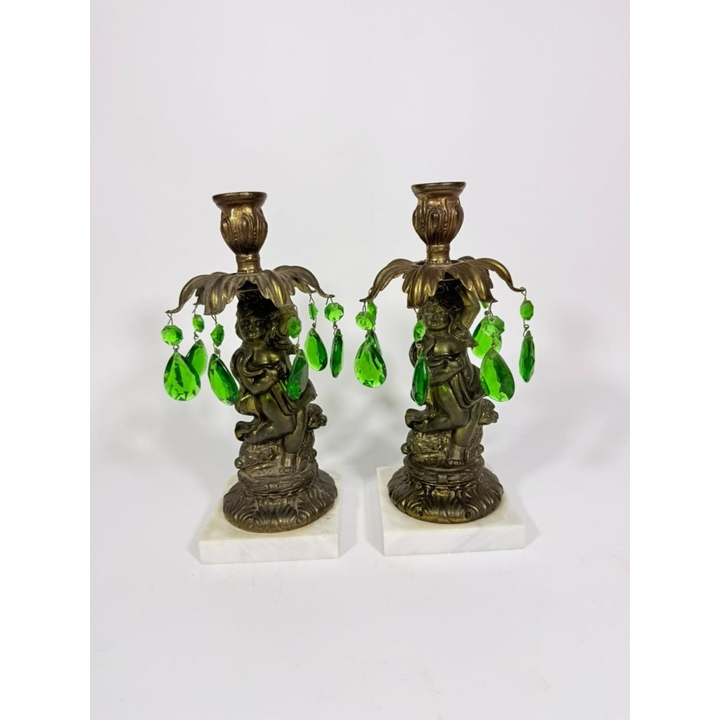 Candle Holders Bronze color Cherub Pair Set 2 Candleabra Italian Marble Bases Italy Green Prism Buffett Table Home Decor Centerpiece Rococo