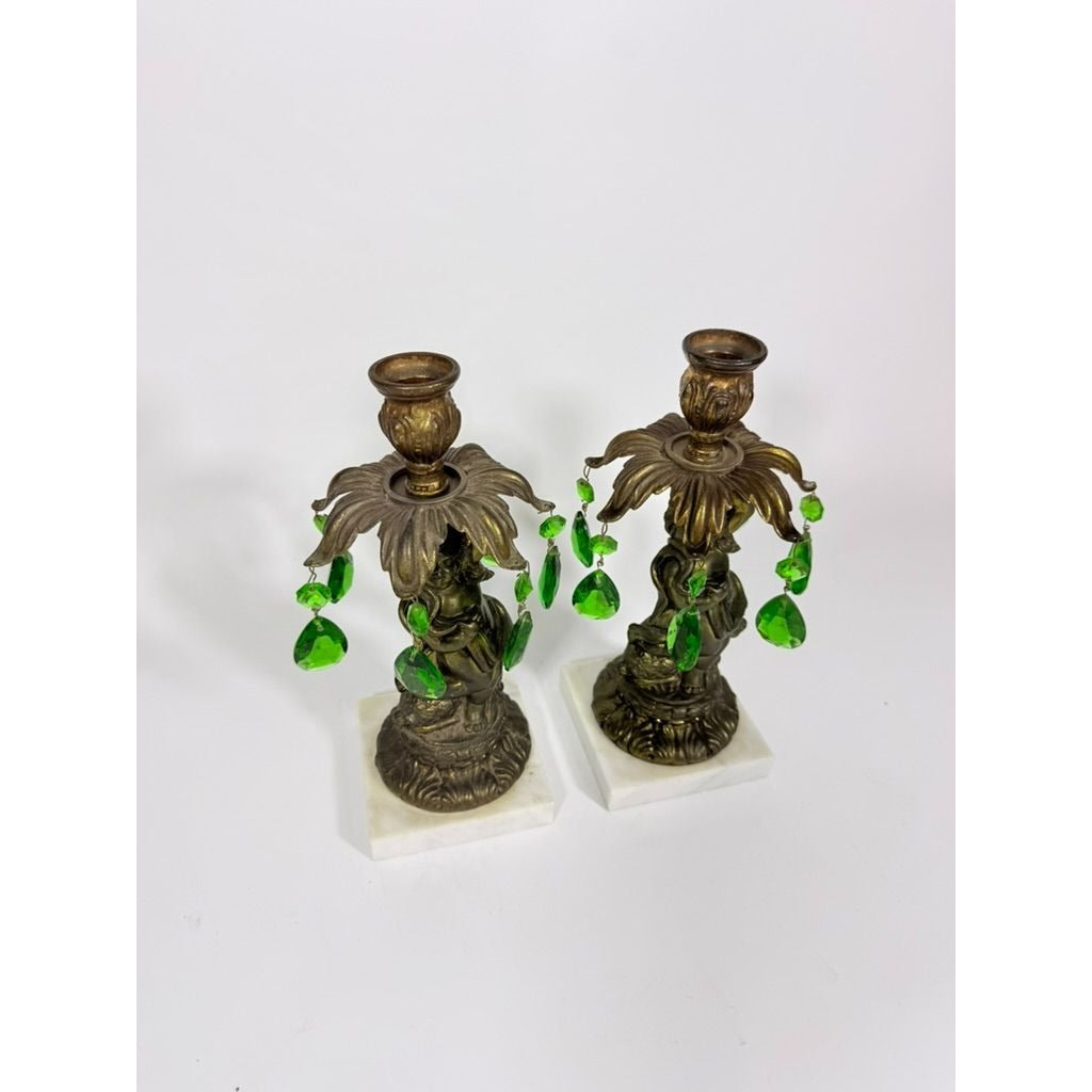Candle Holders Bronze color Cherub Pair Set 2 Candleabra Italian Marble Bases Italy Green Prism Buffett Table Home Decor Centerpiece Rococo