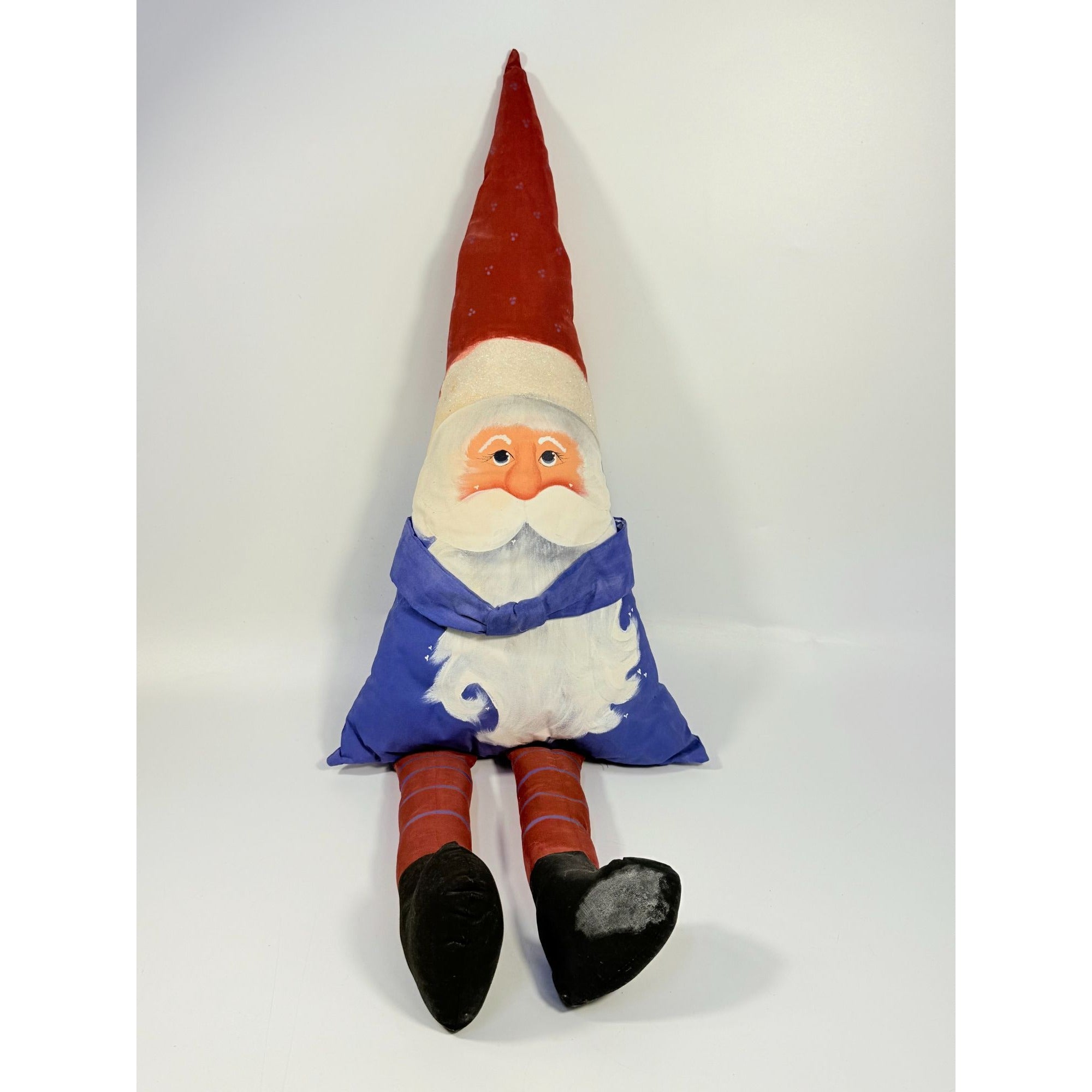 Santa Claus Pillow Doll With Red Hat & Blue Outfit | Vintage Hand Painted Christmas Holiday Decor Unique Primitive Cottage Granny Core