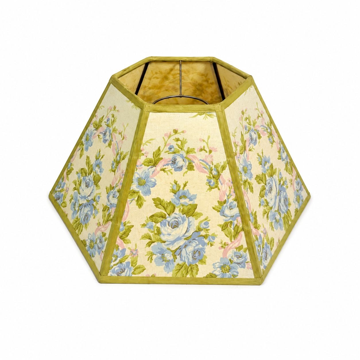 Hurricane Lamp Shade Sexagon Mid Century Lampshades Fabric Floral Chimney Fitter 6 sided Oil Lamp Vintage Flowers Gold Trim Handmade