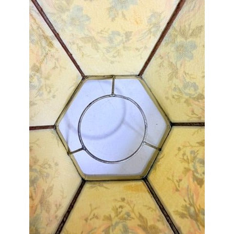 Hurricane Lamp Shade Sexagon Mid Century Lampshades Fabric Floral Chimney Fitter 6 sided Oil Lamp Vintage Flowers Gold Trim Handmade
