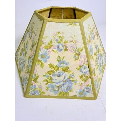 Hurricane Lamp Shade Sexagon Mid Century Lampshades Fabric Floral Chimney Fitter 6 sided Oil Lamp Vintage Flowers Gold Trim Handmade