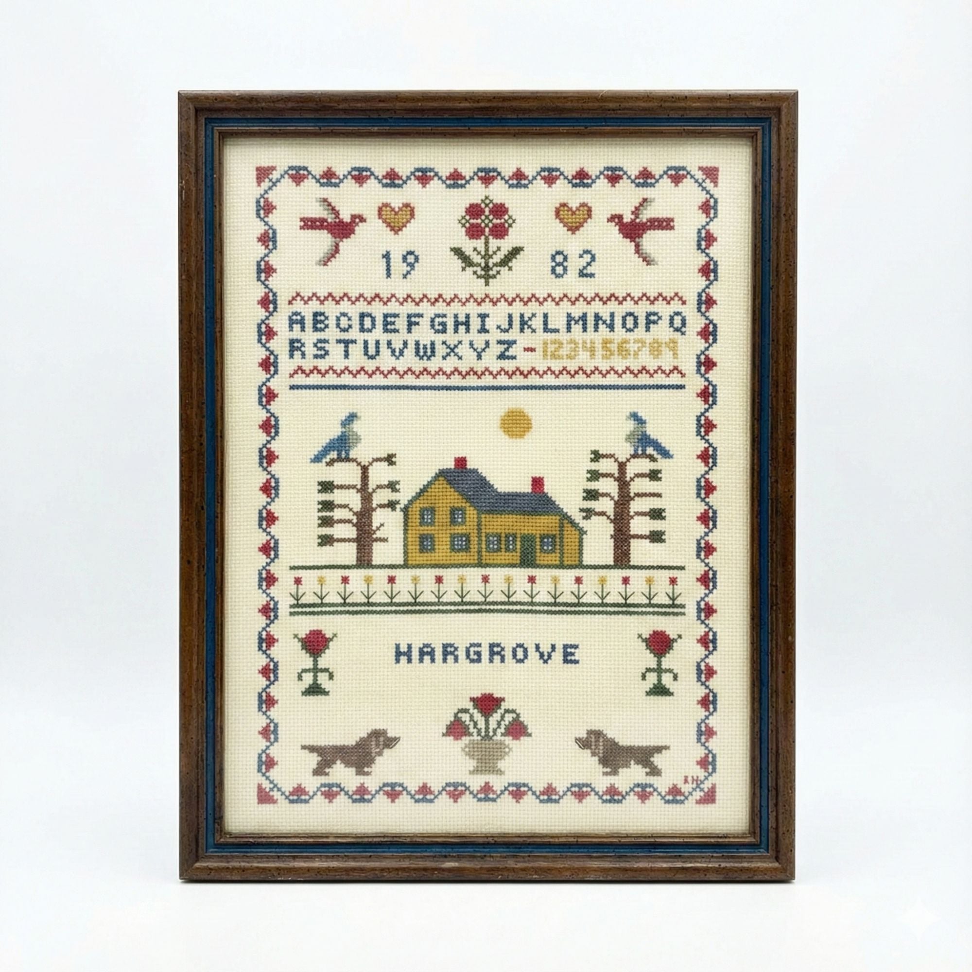 Framed Art Cross Stitch Embroidery Sampler Vintage ABC Alphabet Finished 1980s Primitive Country Folk Artwork Wall Decor Hargrove 1982