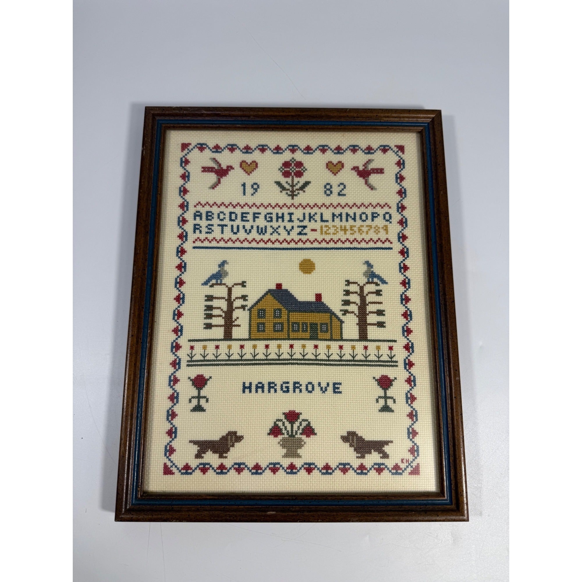 Framed Art Cross Stitch Embroidery Sampler Vintage ABC Alphabet Finished 1980s Primitive Country Folk Artwork Wall Decor Hargrove 1982