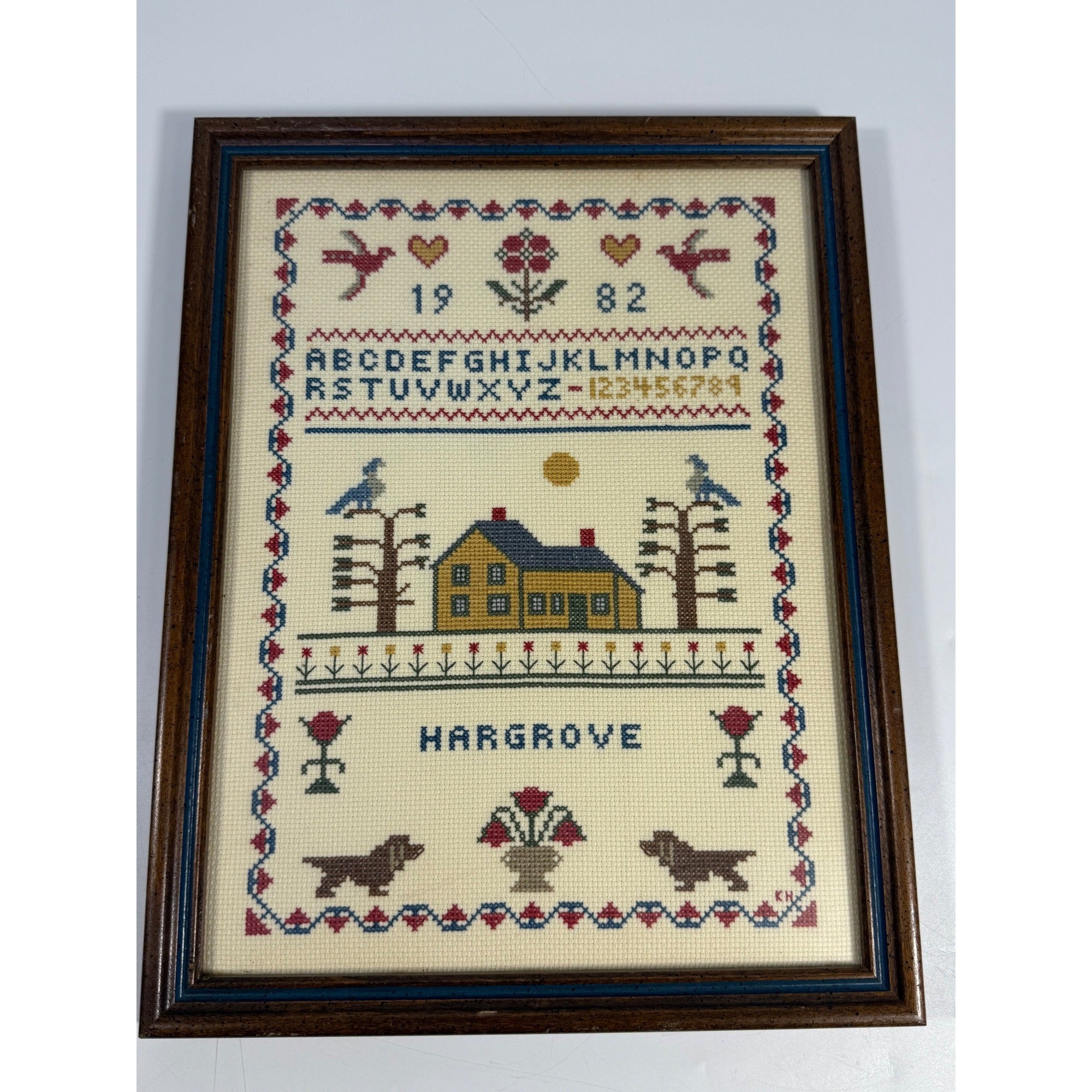 Framed Art Cross Stitch Embroidery Sampler Vintage ABC Alphabet Finished 1980s Primitive Country Folk Artwork Wall Decor Hargrove 1982