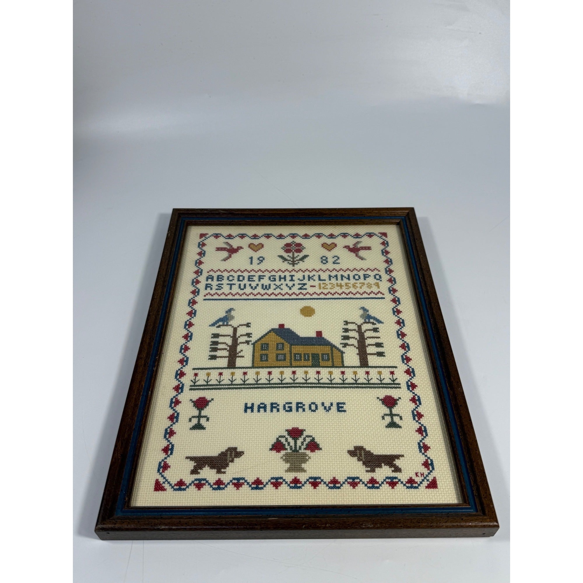 Framed Art Cross Stitch Embroidery Sampler Vintage ABC Alphabet Finished 1980s Primitive Country Folk Artwork Wall Decor Hargrove 1982