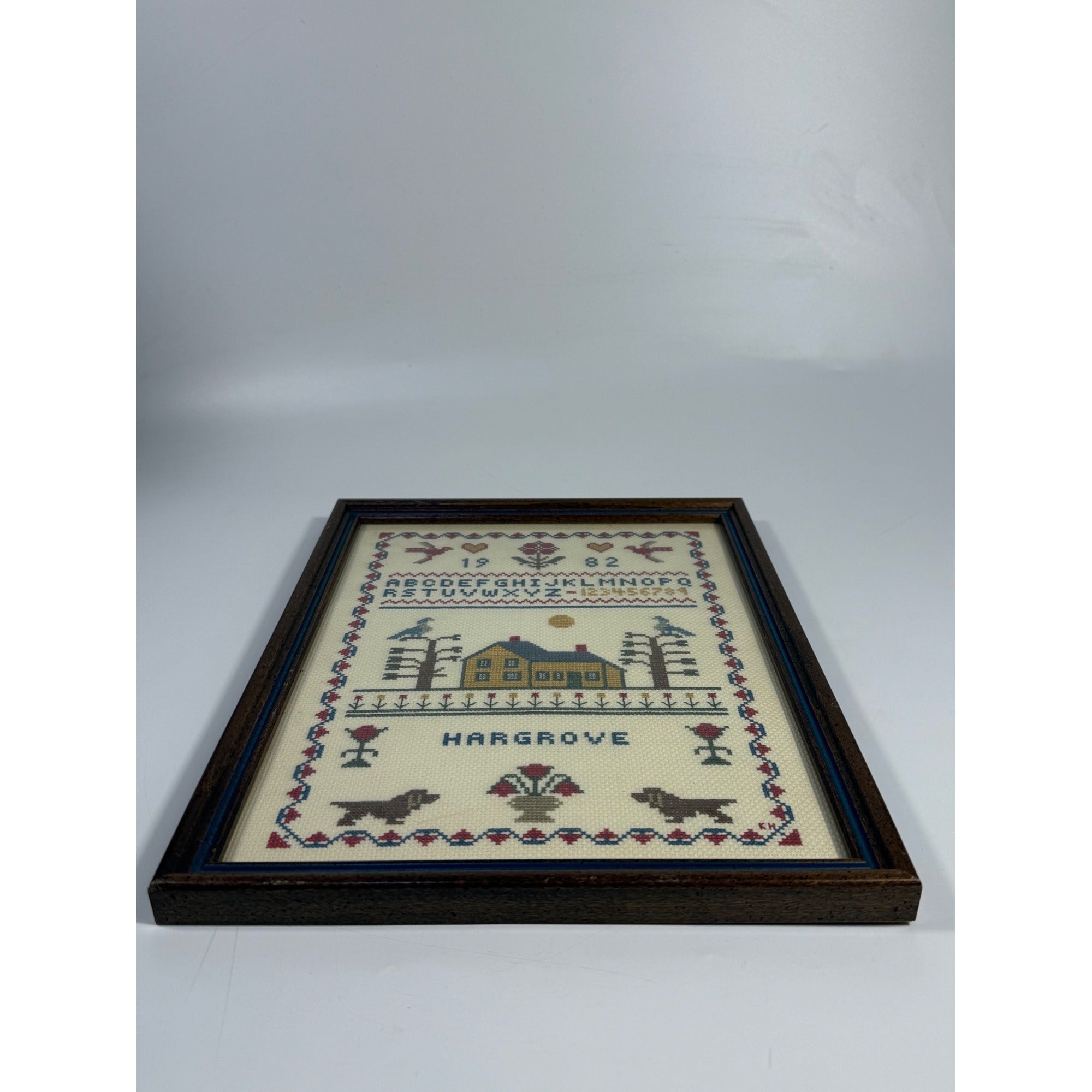 Framed Art Cross Stitch Embroidery Sampler Vintage ABC Alphabet Finished 1980s Primitive Country Folk Artwork Wall Decor Hargrove 1982