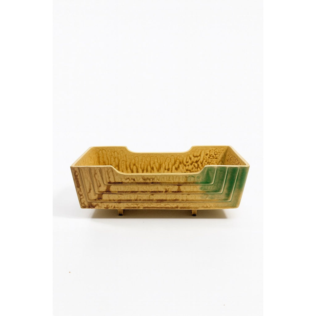 Footed Ikebana Dish Planter Japanese Drip Glaze Mid Century MCM Atomic Retro Rectangular Omochaya Japan Brown Green Accents Home Decor