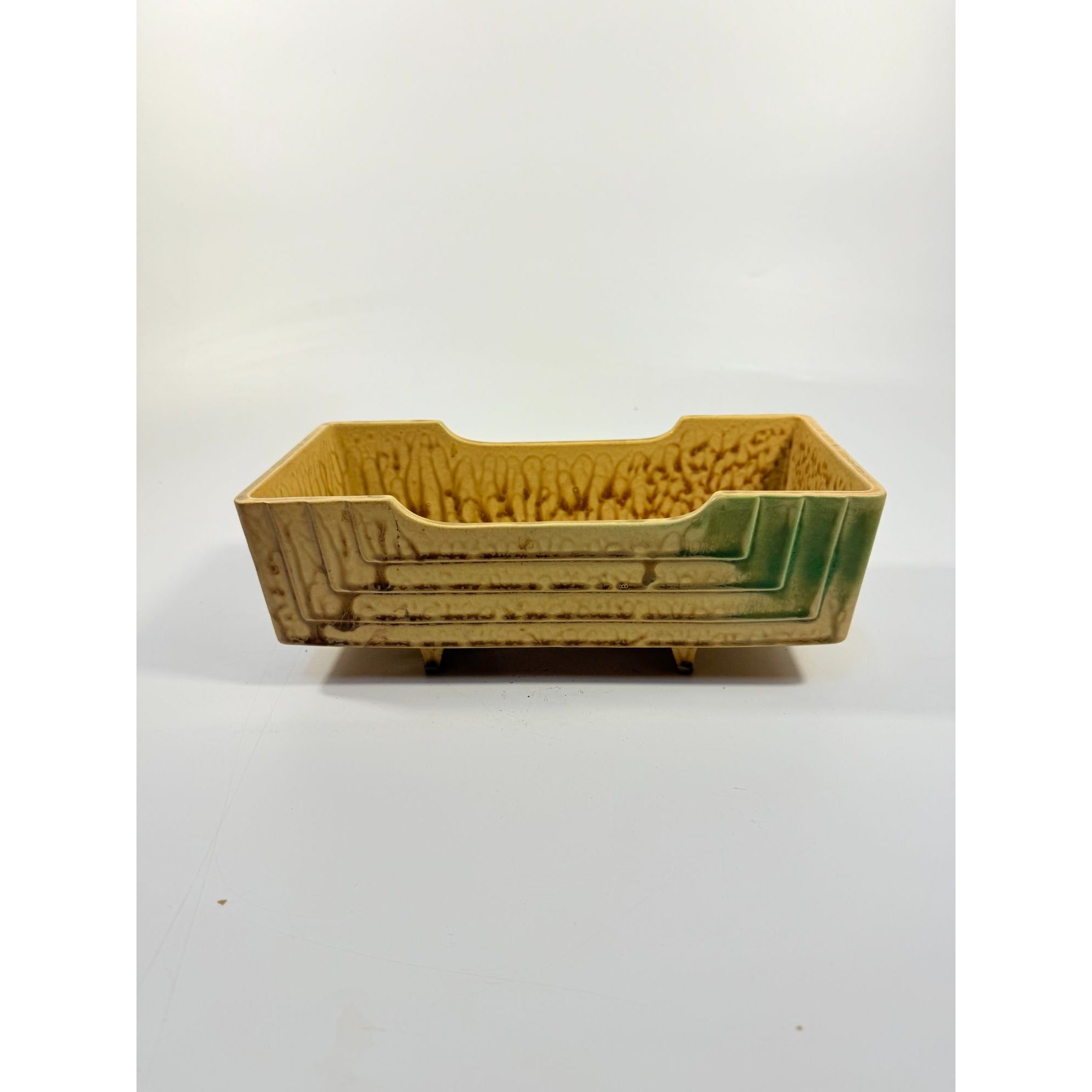 Footed Ikebana Dish Planter Japanese Drip Glaze Mid Century MCM Atomic Retro Rectangular Omochaya Japan Brown Green Accents Home Decor