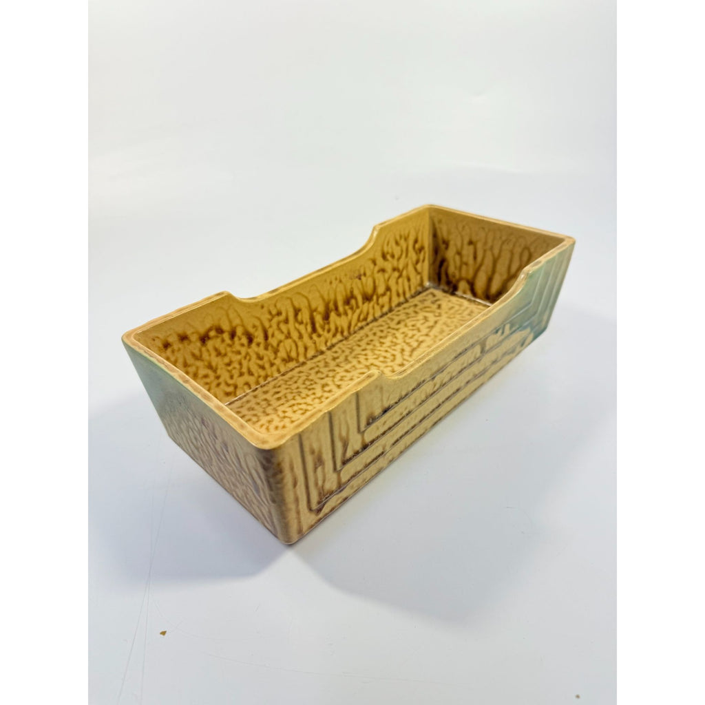 Footed Ikebana Dish Planter Japanese Drip Glaze Mid Century MCM Atomic Retro Rectangular Omochaya Japan Brown Green Accents Home Decor