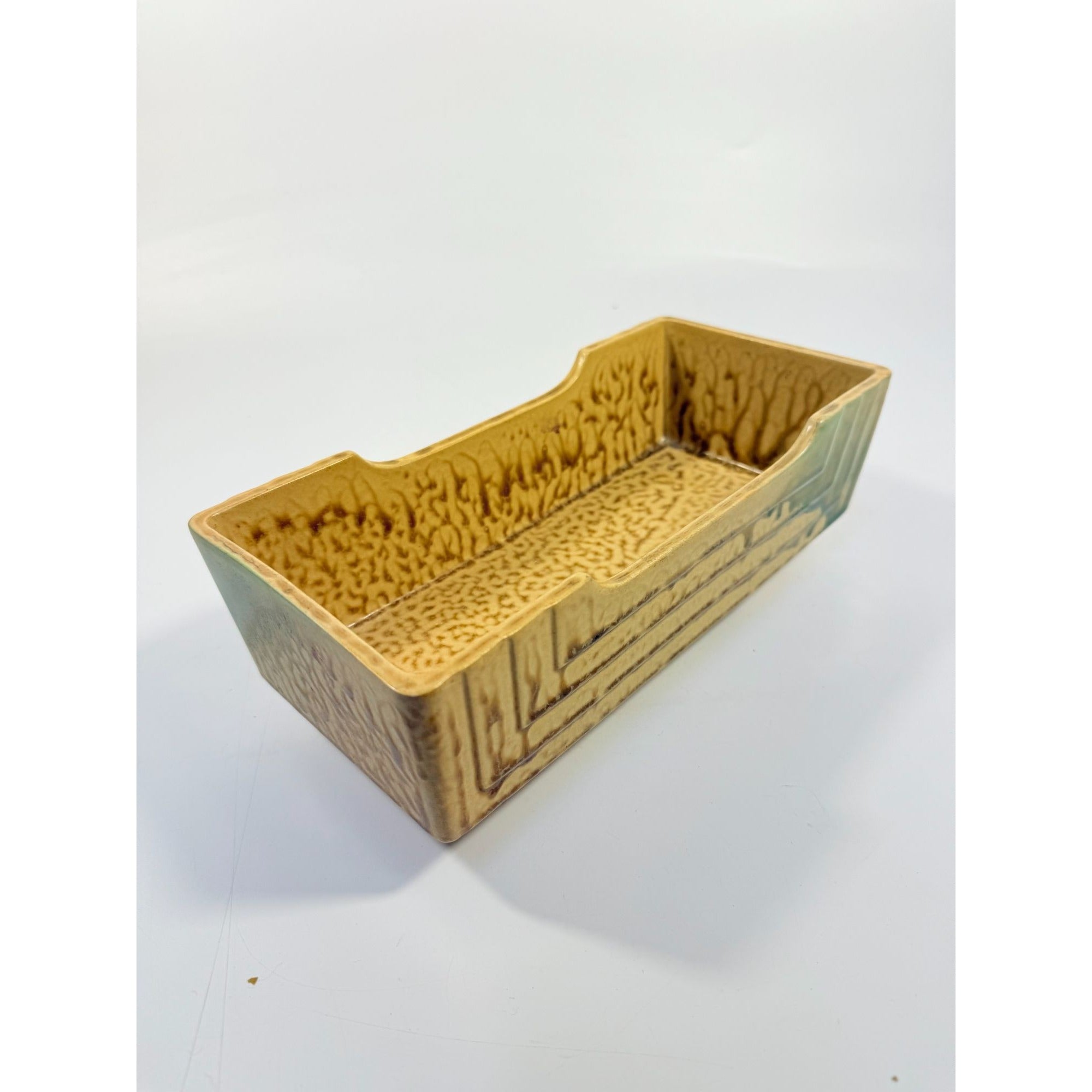 Footed Ikebana Dish Planter Japanese Drip Glaze Mid Century MCM Atomic Retro Rectangular Omochaya Japan Brown Green Accents Home Decor