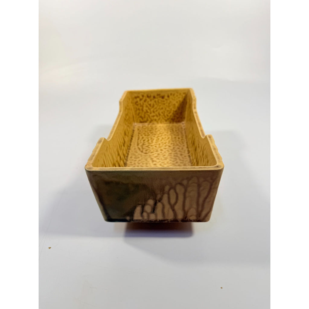 Footed Ikebana Dish Planter Japanese Drip Glaze Mid Century MCM Atomic Retro Rectangular Omochaya Japan Brown Green Accents Home Decor