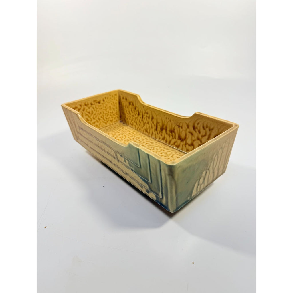 Footed Ikebana Dish Planter Japanese Drip Glaze Mid Century MCM Atomic Retro Rectangular Omochaya Japan Brown Green Accents Home Decor