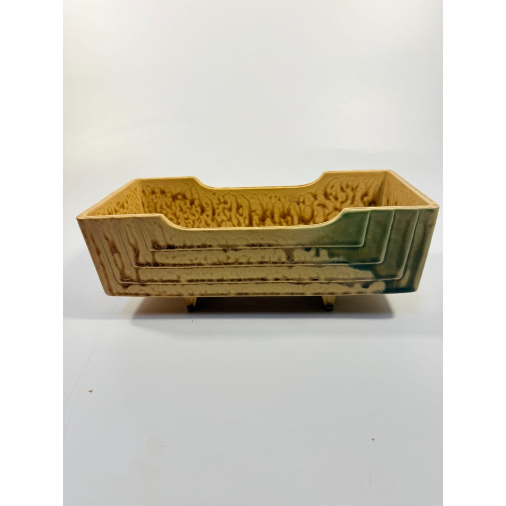 Footed Ikebana Dish Planter Japanese Drip Glaze Mid Century MCM Atomic Retro Rectangular Omochaya Japan Brown Green Accents Home Decor