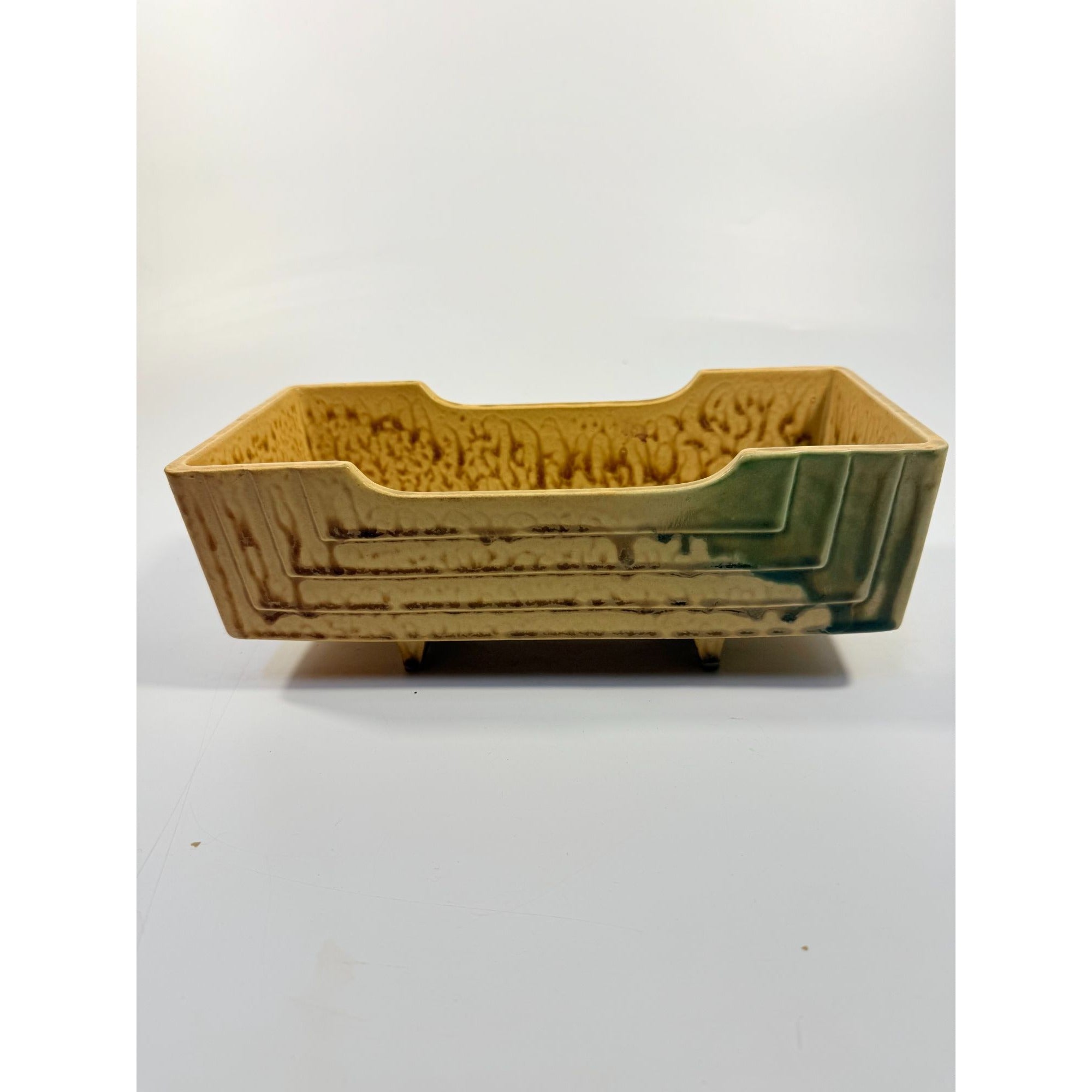 Footed Ikebana Dish Planter Japanese Drip Glaze Mid Century MCM Atomic Retro Rectangular Omochaya Japan Brown Green Accents Home Decor