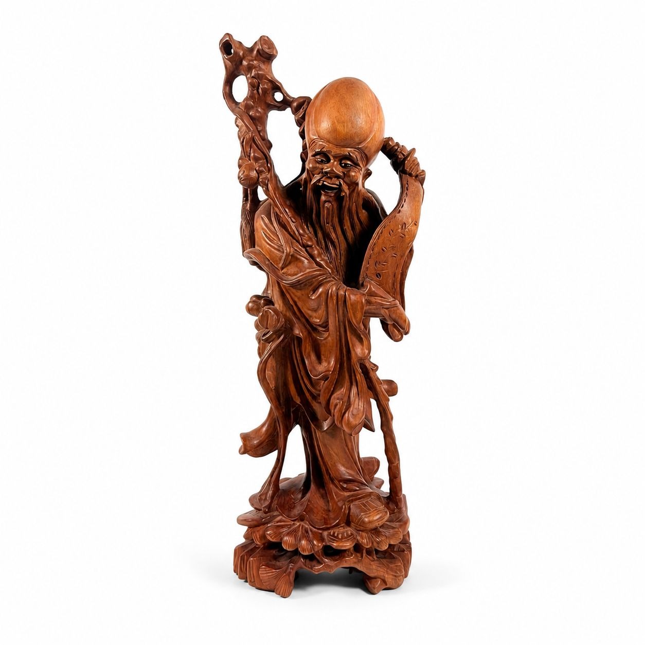 Hand Carved Oriental Statue Shou Lao Xing Chinese God Longevity Scroll Vintage Rosewood Carving Home Decor Decorative Accent Collectible