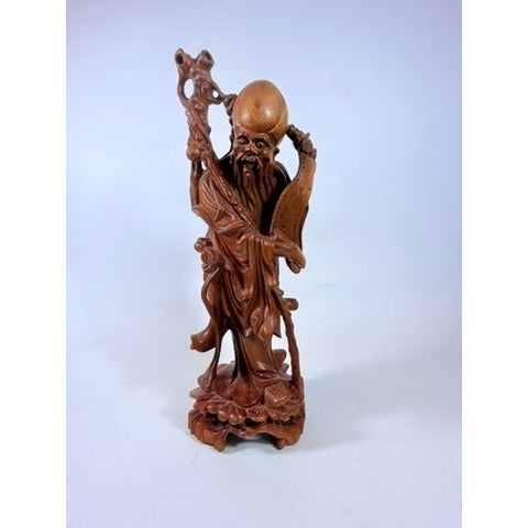 Hand Carved Oriental Statue Shou Lao Xing Chinese God Longevity Scroll Vintage Rosewood Carving Home Decor Decorative Accent Collectible