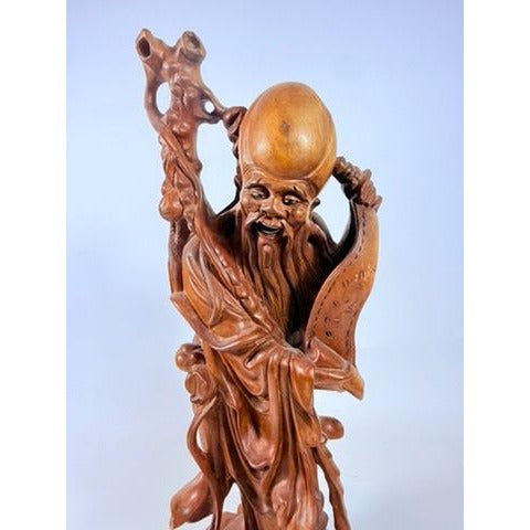 Hand Carved Oriental Statue Shou Lao Xing Chinese God Longevity Scroll Vintage Rosewood Carving Home Decor Decorative Accent Collectible