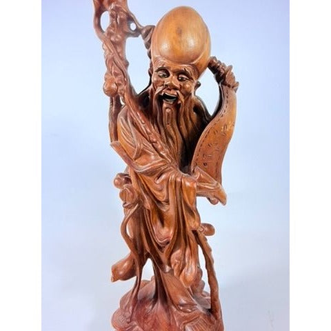 Hand Carved Oriental Statue Shou Lao Xing Chinese God Longevity Scroll Vintage Rosewood Carving Home Decor Decorative Accent Collectible