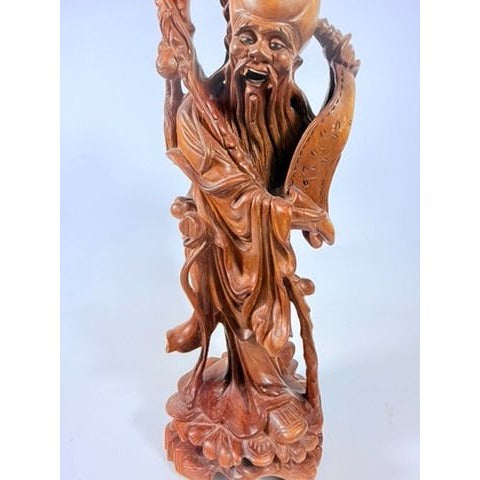 Hand Carved Oriental Statue Shou Lao Xing Chinese God Longevity Scroll Vintage Rosewood Carving Home Decor Decorative Accent Collectible