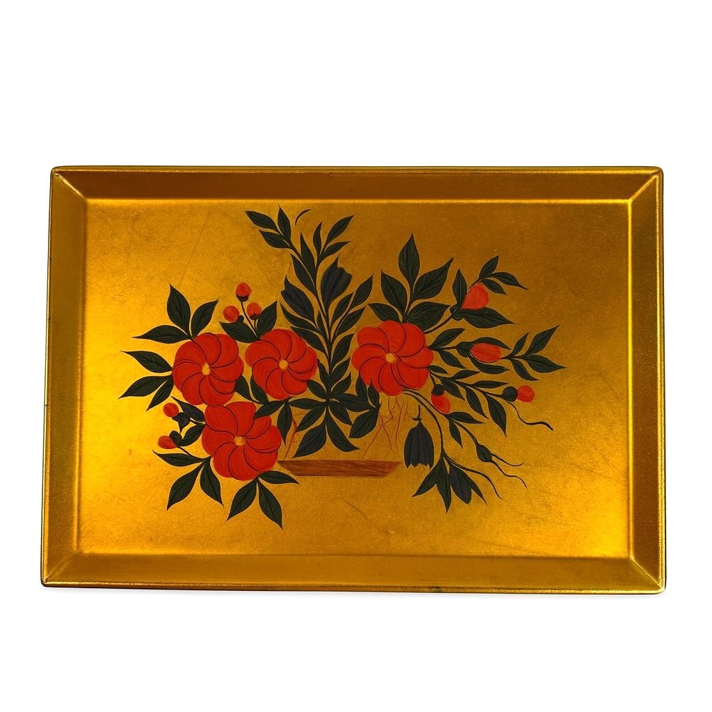 Floral Trinket Tip Tray DIsh Catch All Japanese Laquerware Gold Leaf Hand Painted Otagiri Japan Flowers Chionosiere Oriental Chinese