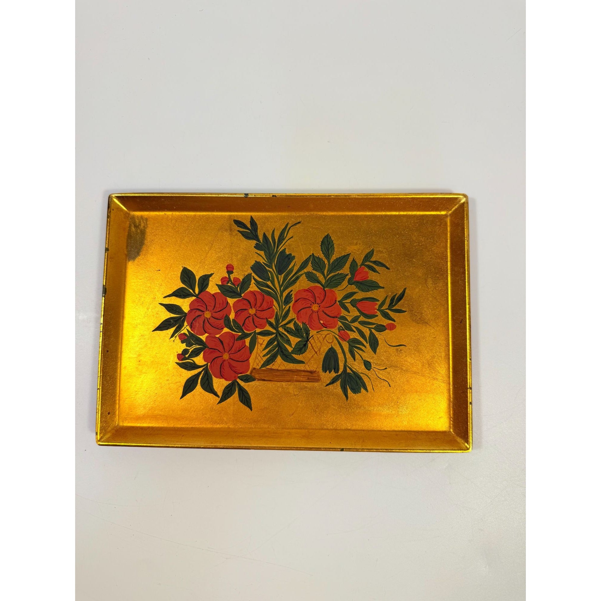 Floral Trinket Tip Tray DIsh Catch All Japanese Laquerware Gold Leaf Hand Painted Otagiri Japan Flowers Chionosiere Oriental Chinese