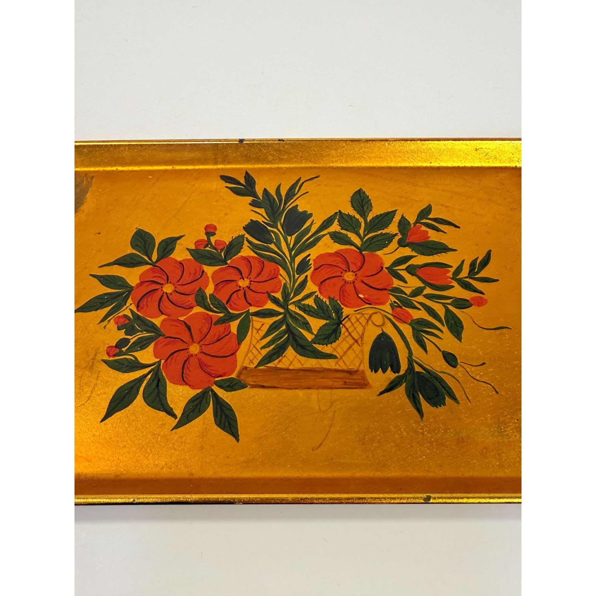 Floral Trinket Tip Tray DIsh Catch All Japanese Laquerware Gold Leaf Hand Painted Otagiri Japan Flowers Chionosiere Oriental Chinese