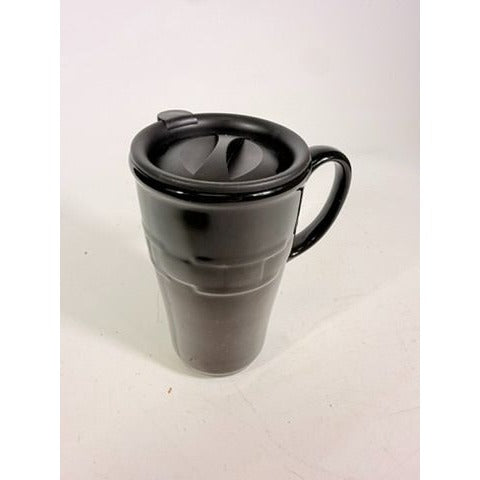 Longaberger Woven Traditions Pottery Black Ebony Coffee Travel Mug-EUC