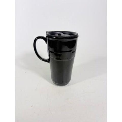 Longaberger Woven Traditions Pottery Black Ebony Coffee Travel Mug-EUC