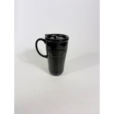 Longaberger Woven Traditions Pottery Black Ebony Coffee Travel Mug-EUC