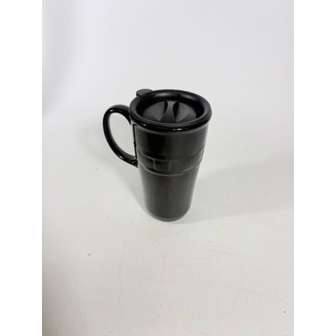 Longaberger Woven Traditions Pottery Black Ebony Coffee Travel Mug-EUC