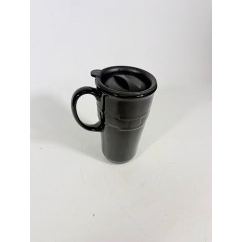 Longaberger Woven Traditions Pottery Black Ebony Coffee Travel Mug-EUC