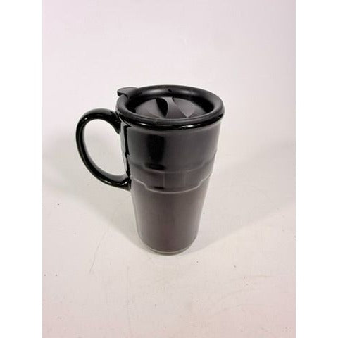 Longaberger Woven Traditions Pottery Black Ebony Coffee Travel Mug-EUC