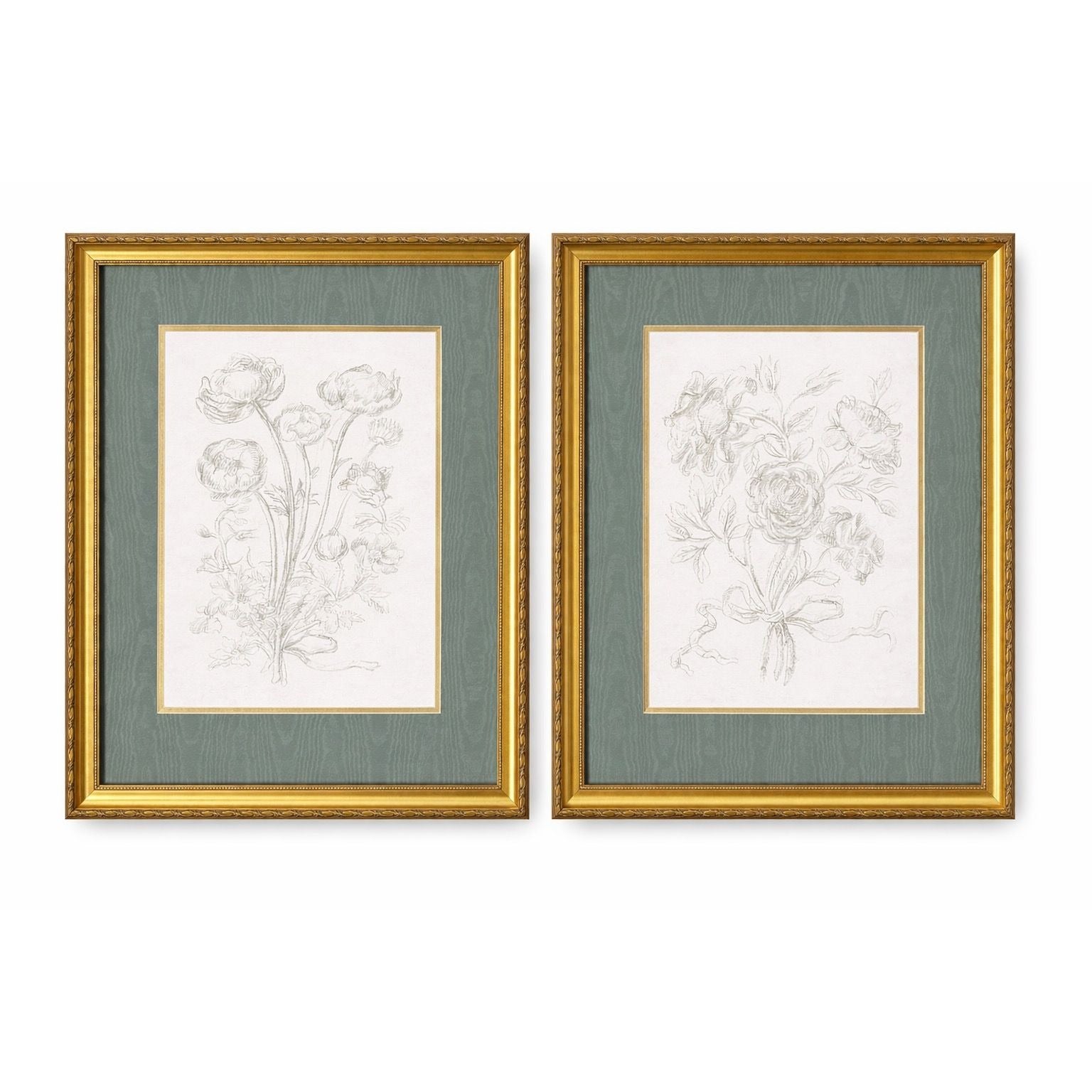 Pair Framed Prints Green Flowers Textured Mats Gold Frames Cottage Core Floral Home Wall Decor Decorative Accents Bedroom Living Dining Room